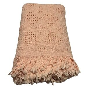 Vtg Fieldcrest‎ Diamond Knit Throw Fringe Baby Receiving Blanket Cotton 50"x60"